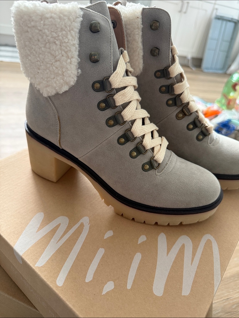 Miracle Miles Gray Suede Shearling Lace-Up Block Heel Boots
